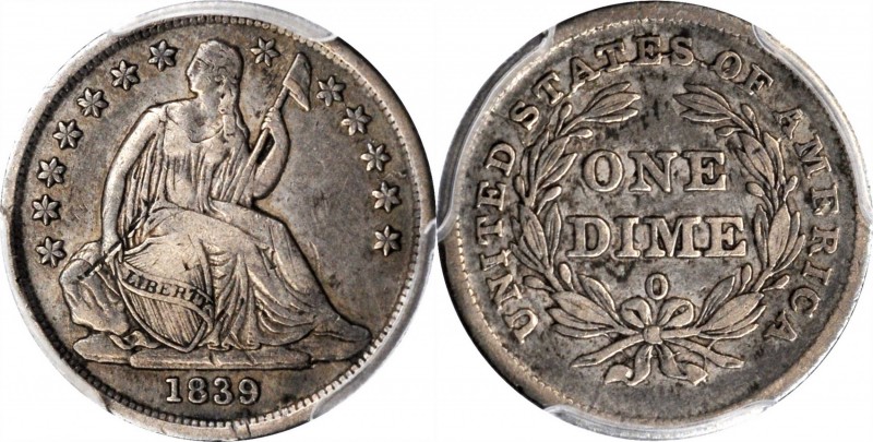 1839-O Liberty Seated Dime. No Drapery. VF-30 (PCGS).
PCGS# 4572. NGC ID: 237Y....