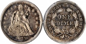 1857 Liberty Seated Dime. AU-50 (PCGS).
PCGS# 4614. NGC ID: 238X.
Estimate: $100.00