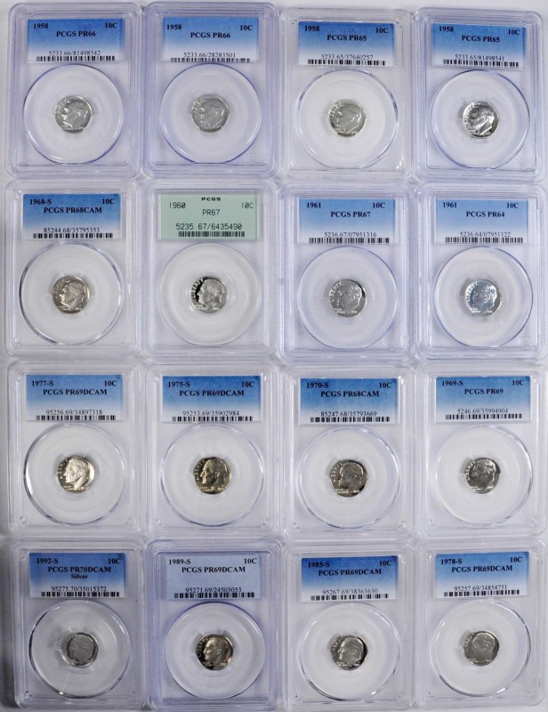 Lot of (16) Proof Roosevelt Dimes. (PCGS).
Included are: (2) 1958 Proof-66; (2)...
