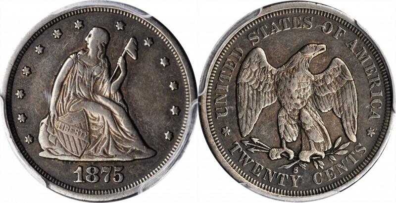 1875-S Twenty-Cent Piece. EF-40 (PCGS).
PCGS# 5298. NGC ID: 23R7.
Estimate: $1...