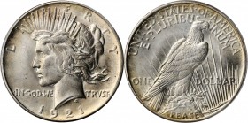 1921 Peace Silver Dollar. High Relief. MS-63+ (PCGS).
PCGS# 7356. NGC ID: 2U4E.
Estimate: $400.00