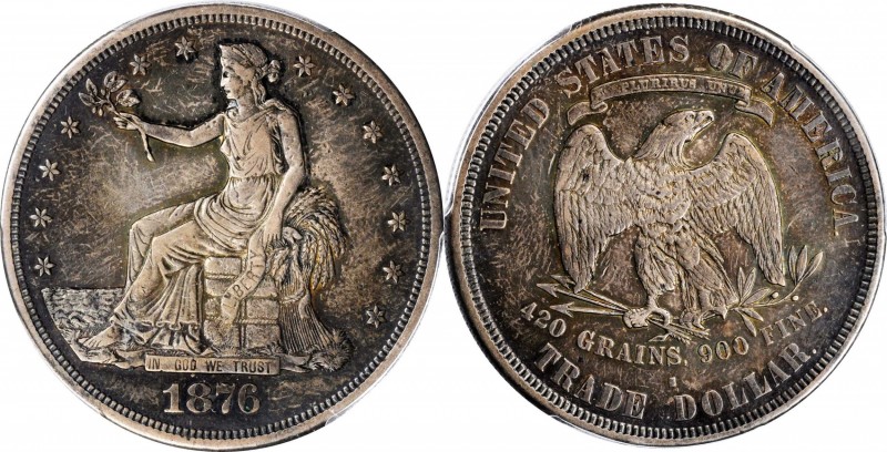 1876-S Trade Dollar. Type I/II. AU-50 (PCGS).
PCGS# 7043. NGC ID: 253B.
Estima...