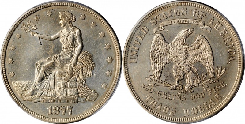 1877 Trade Dollar. Unc Details--Cleaned (PCGS).
PCGS# 7044. NGC ID: 253C.
Esti...