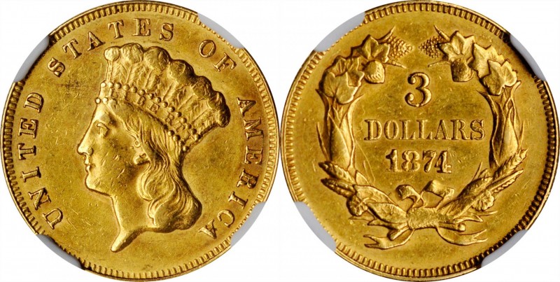 1874 Three-Dollar Gold Piece. AU-58 (NGC).
PCGS# 7998. NGC ID: 25MX.
Estimate:...