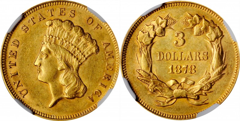 1878 Three-Dollar Gold Piece. AU-58 (NGC).
PCGS# 8000. NGC ID: 25MZ.
Estimate:...