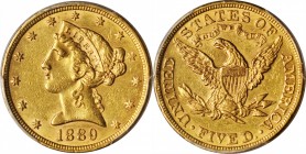 1889 Liberty Head Half Eagle. AU-55 (PCGS).
Sharply defined with ample luster to honey-orange surfaces. From a mintage of just 7,520 circulation stri...