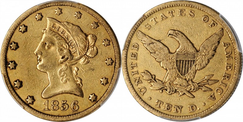1856 Liberty Head Eagle. VF-35 (PCGS).
PCGS# 8619. NGC ID: 263P.
Estimate: $77...
