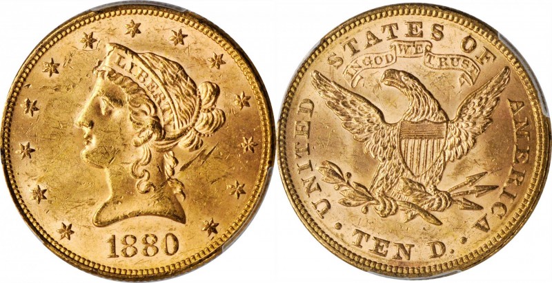 1880 Liberty Head Eagle. MS-62+ (PCGS).
PCGS# 8687. NGC ID: 265S.
Estimate: $7...
