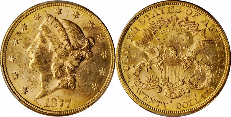 1877-S Liberty Head Double Eagle. MS-61 (PCGS).
PCGS# 8984. NGC ID: 26B2.
Esti...