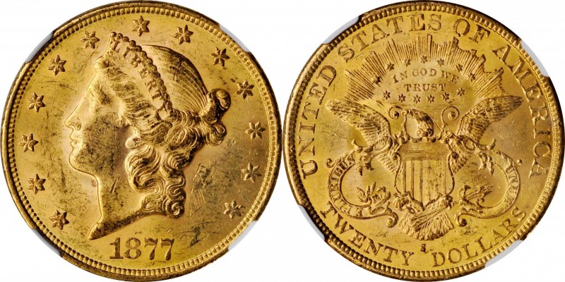 1877-S Liberty Head Double Eagle. MS-61 (NGC).
PCGS# 8984. NGC ID: 26B2.
Estim...