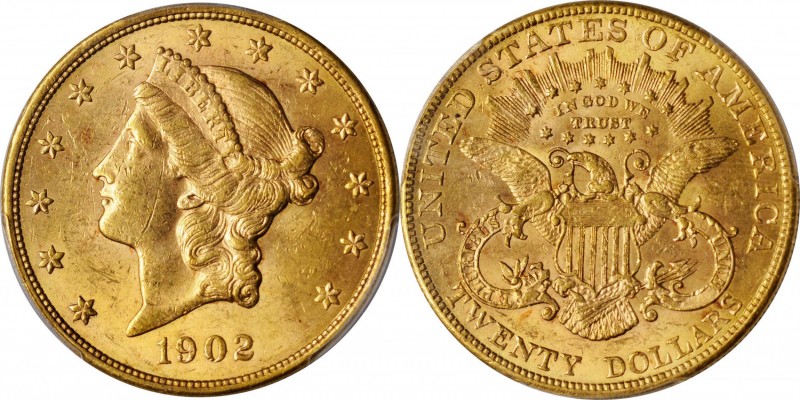 1902 Liberty Head Double Eagle. MS-62 (PCGS).
Delightful rose-gold surfaces are...