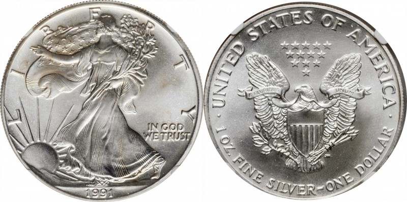 Lot of (4) Silver Eagles. (NGC).
Included are: 1991 MS-68; 2001 MS-69; 2002 MS-...