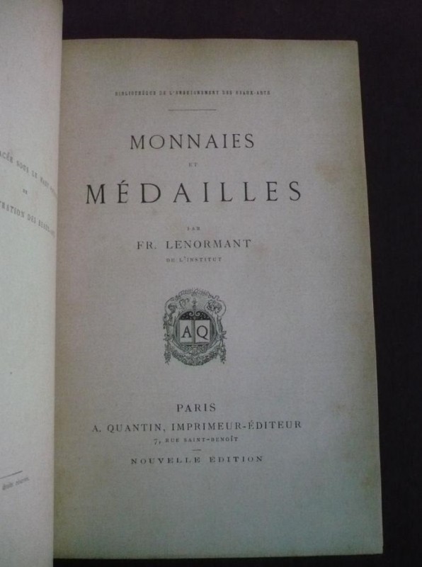 LENORMANT Fr. Monnaies et Médailles. Paris, Quantin, s.a. (late 1800s) Beautiful...