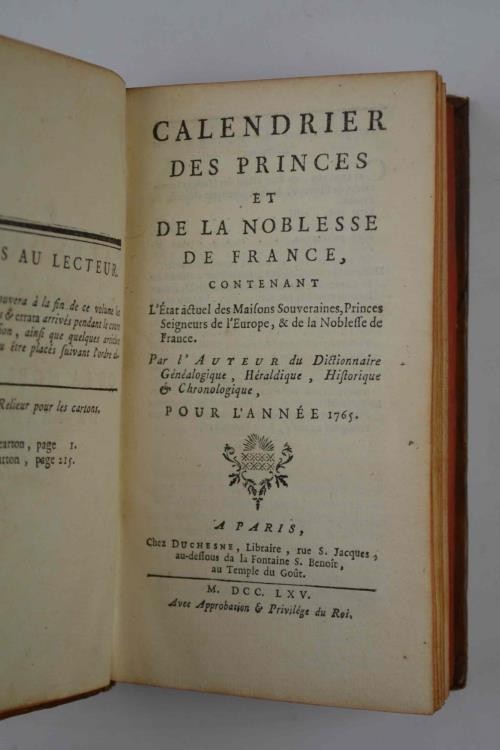 ANONYMOUS. Calendrier des Princes et de la Noblesse de France, Contenant L'Etat ...