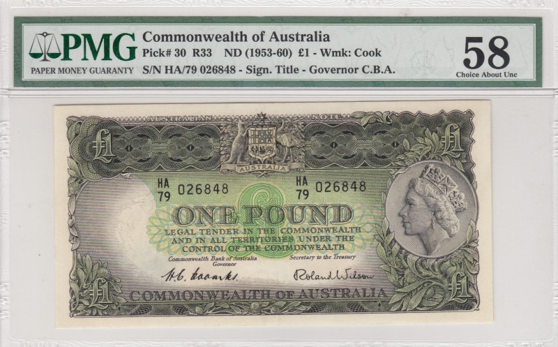 Australia, 1 Pound, 1953/1960, AUNC,p30
PMG 58, Portrait of Queen Elizabeth II...