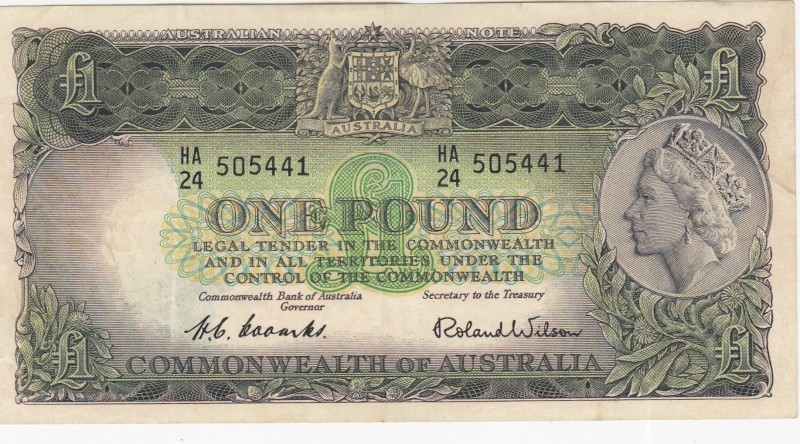 Australia, 1 Pound, 1961/1965, XF,p34a
Portrait of Queen Elizabeth II
Serial N...