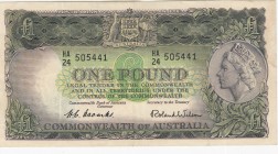 Australia, 1 Pound, 1961/1965, XF,p34a
Portrait of Queen Elizabeth II
Serial Number: HA/24 505441
Estimate: 75 - 150 USD