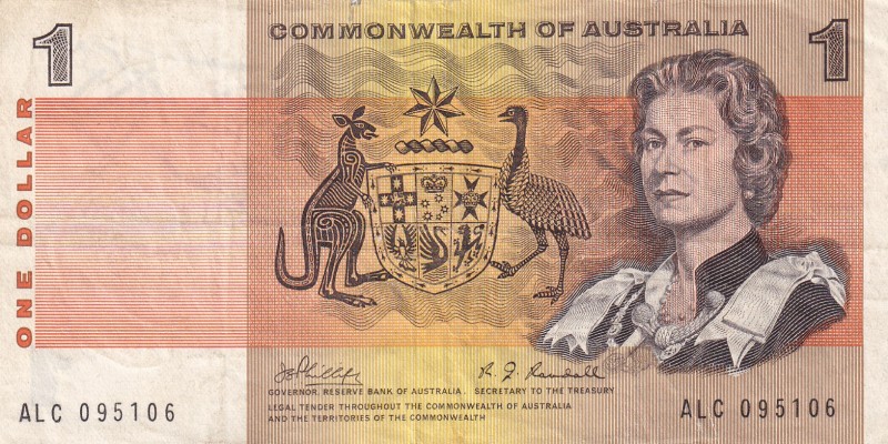 Australia, 1 Dollar, 1969, VF,p37c 

Serial Number: ALC 095106
Estimate: 15 -...