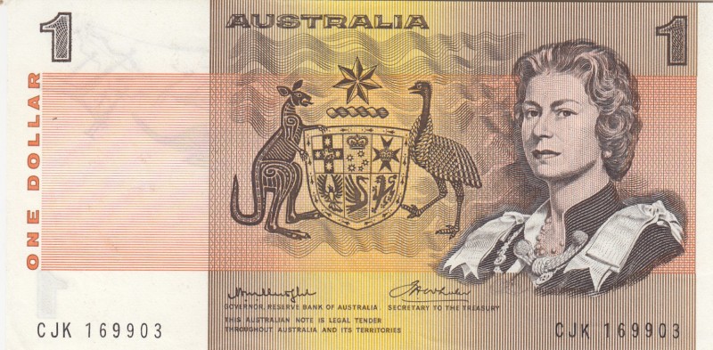 Australia, 1 Dollar, 1974, AUNC,p42a
Portrait of Queen Elizabeth II
Serial Num...