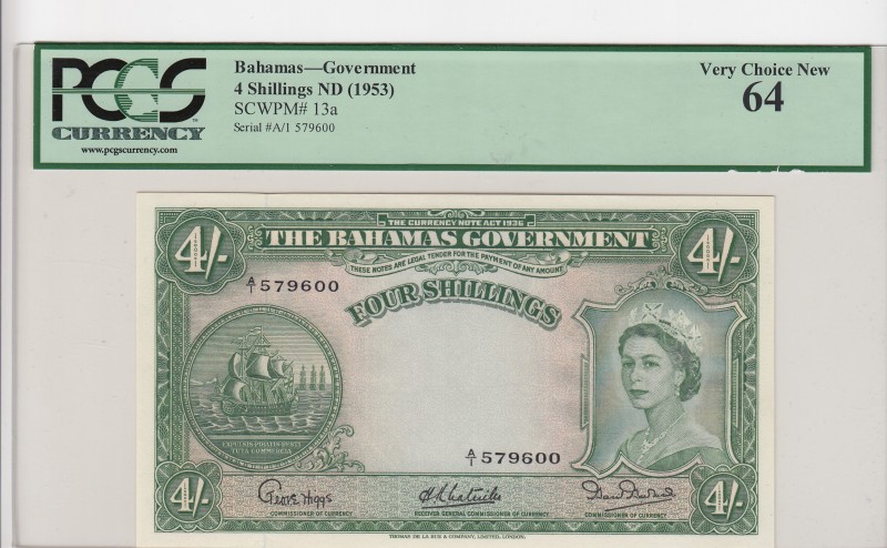 Bahamas, 4 Shillings, 1953, UNC,p13a
PCGS 64, Portrait of Queen Elizabeth II
S...