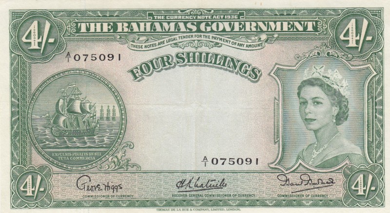 Bahamas, 4 Shillings, 1953, XF,p13a

Serial Number: A/1 075091
Estimate: 200 ...