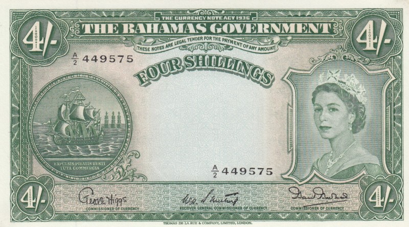 Bahamas, 4 Shillings, 1954, UNC,p13b

Serial Number: A/2 449575
Estimate: 400...