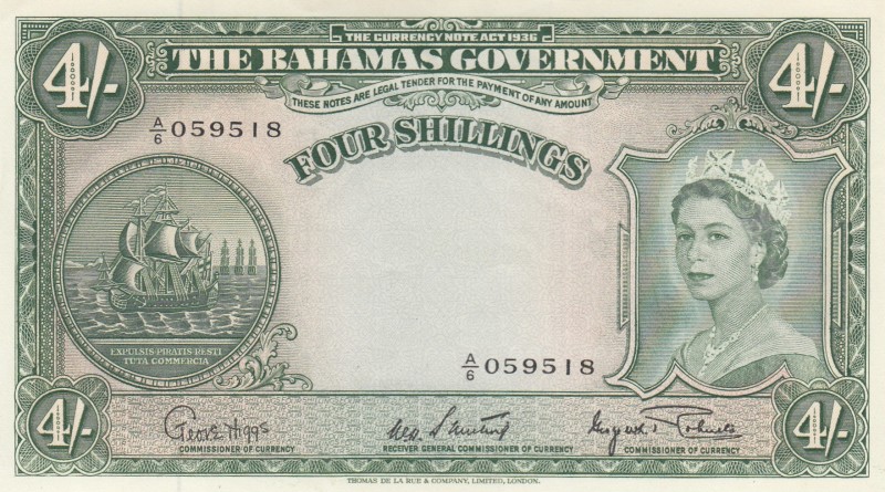 Bahamas, 4 Shillings, 1963, UNC,p13d

Serial Number: A/6 059518
Estimate: 200...