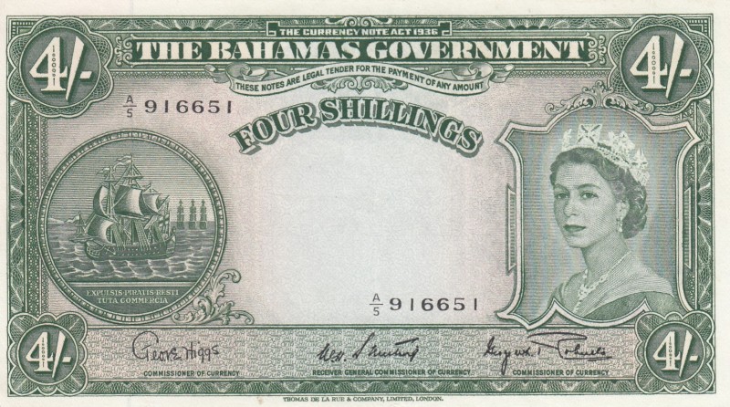Bahamas, 4 Shillings, 1953, XF (+),p13d
Queen II.Elizabeth potrait
Serial Numb...