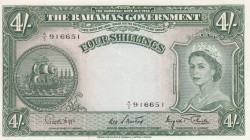 Bahamas, 4 Shillings, 1953, XF (+),p13d
Queen II.Elizabeth potrait
Serial Number: A/5 916651
Estimate: 75 - 150 USD