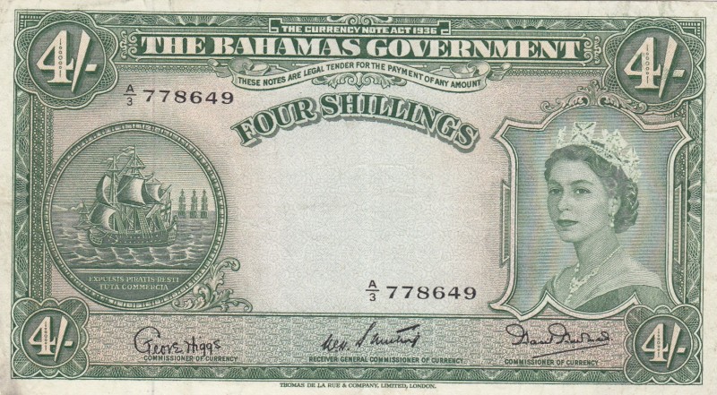 Bahamas, 4 Shillings, 1953, XF,p13d
Queen II.Elizabeth potrait
Serial Number: ...