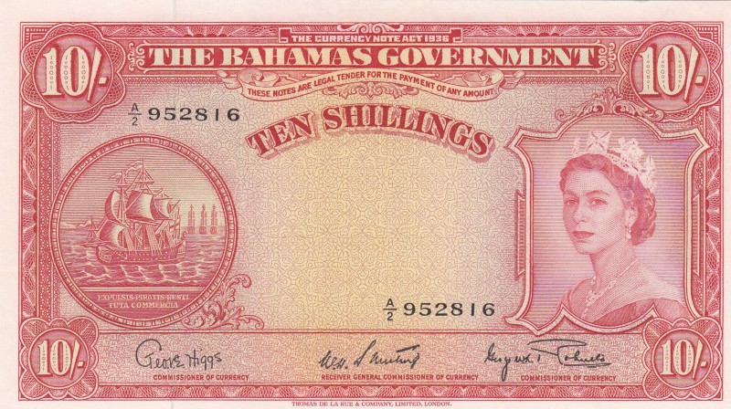 Bahamas, 10 Shillings, 1963, UNC,p14d

Serial Number: A/2 952816
Estimate: 40...