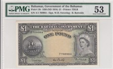 Bahamas, 1 Pound, 1954, UNC,p15b
PMG 53, Portrait of Queen Elizabeth II
Serial Number: A/1 708964
Estimate: 200 - 400 USD
