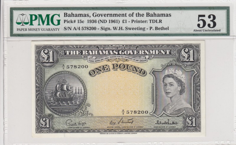 Bahamas, 1 Pound, 1961, AUNC,p15c
Queen II.Elizabeth potrait PMG 53
Serial Num...