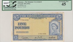 Bahamas, 5 Pounds, 1961, XF,p16c 
PCGS 45
Serial Number: A/1 791038
Estimate: 750 - 1500 USD