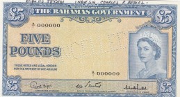 Bahamas, 5 Pounds, 1961, UNC,p16cs, SPECİMEN

Serial Number: A/1 000000
Estimate: 500 - 1000 USD