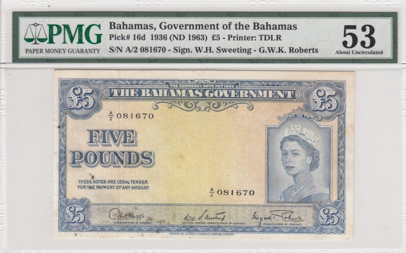 Bahamas, 5 Pounds, 1963, AUNC,p16d
PMG 53
Serial Number: A/2 081670
Estimate:...