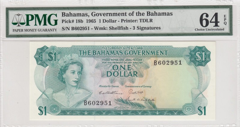 Bahamas, 1 Dollar, 1965, UNC,p18b
PMG 64 EPQ, Portrait of Queen Elizabeth II
S...