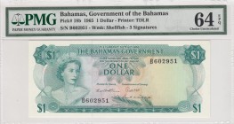 Bahamas, 1 Dollar, 1965, UNC,p18b
PMG 64 EPQ, Portrait of Queen Elizabeth II
Serial Number: B 602951
Estimate: 60 - 120 USD