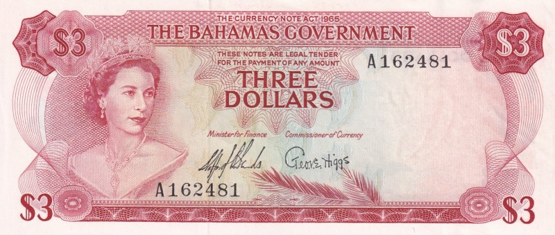 Bahamas, 3 Dollars, 1965, UNC,p19a

Serial Number: A 162481
Estimate: 75 - 15...