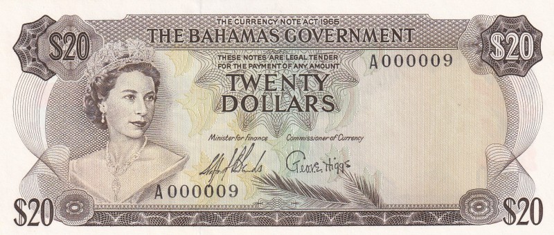 Bahamas, 20 Dollars, 1965, UNC,p23a , Very low serial number

Serial Number: A...