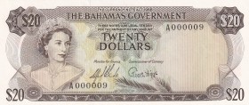 Bahamas, 20 Dollars, 1965, UNC,p23a , Very low serial number

Serial Number: A 000009
Estimate: 1500 - 3000 USD