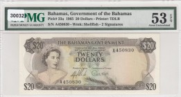 Bahamas, 20 Dollars, 1965, AUNC,p23a
PMG 53 EPQ
Serial Number: A450830
Estimate: 1 - 2 USD
