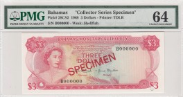 Bahamas, 3 Dollars, 1968, UNC,pCS2, SPECIMEN
Collector series, p28 overprint, PMG 64
Serial Number: B000000
Estimate: 100 - 200 USD