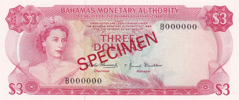 Bahamas, 3 Dollars, 1968, UNC,p28s, SPECİMEN

Serial Number: B 000000
Estimat...