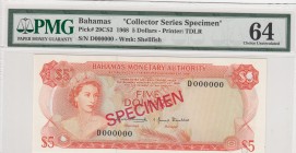 Bahamas, 5 Dollars, 1968, UNC,pCS2, SPECIMEN
Collector series, p29 overprint, PMG 64
Serial Number: D000000
Estimate: 200 - 400 USD