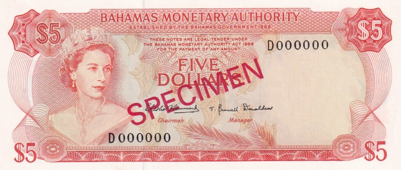 Bahamas, 5 Dollars, 1968, UNC,p29s, SPECİMEN

Serial Number: D 000000
Estimat...