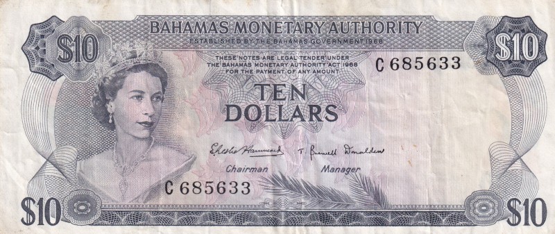 Bahamas, 10 Dollars, 1968, VF,p30a

Serial Number: C 685633
Estimate: 300 - 6...