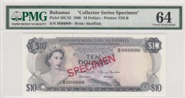 Bahamas, 10 Dollars, 1968, UNC,pCS2, SPECIMEN
Collector series, p30 overprint, PMG 64
Serial Number: B000000
Estimate: 150 - 300 USD