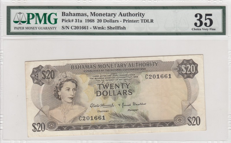 Bahamas, 20 Dollars, 1968, VF,p31a
PMG 35
Serial Number: C 201661
Estimate: 7...