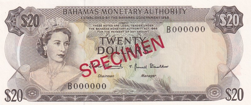 Bahamas, 20 Dollars, 1968, UNC,p31s, SPECİMEN

Serial Number: B 000000
Estima...